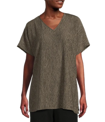 Eileen Fisher Woven Plisse V-Neck Short Sleeve Boxy Shirt