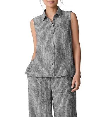 Eileen Fisher Yard-Dyed Stripe Puckered Organic Linen Point Collar Sleeveless Coordinating Top