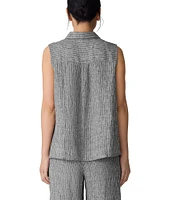 Eileen Fisher Yard-Dyed Stripe Puckered Organic Linen Point Collar Sleeveless Coordinating Top