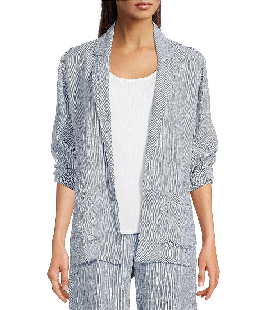 Eileen Fisher Yarn-Dyed Stripe Organic Linen Notch Lapel Long Sleeve Coordinating Blazer
