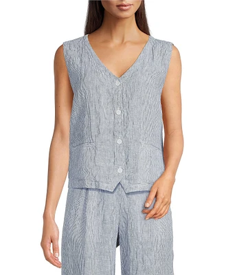 Eileen Fisher Yarn-Dyed Stripe Puckered Organic Linen V-Neck Sleeveless Vest