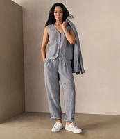 Eileen Fisher Yarn-Dyed Stripe Puckered Organic Linen V-Neck Sleeveless Vest