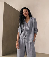 Eileen Fisher Yarn-Dyed Stripe Puckered Organic Linen V-Neck Sleeveless Vest