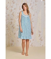 Eileen West Aqua Floral Print Sleeveless Sweetheart Neck Jersey Knit Short Nightgown