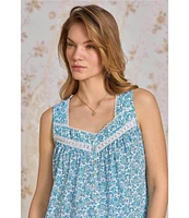 Eileen West Aqua Floral Print Sleeveless Sweetheart Neck Jersey Knit Short Nightgown