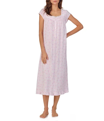 Eileen West Cap Sleeve Sweetheart Neck Cotton Knit Long Floral Print Nightgown