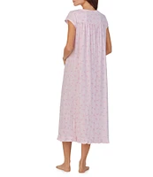 Eileen West Cap Sleeve Sweetheart Neck Cotton Knit Long Floral Print Nightgown