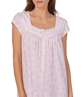 Eileen West Cap Sleeve Sweetheart Neck Cotton Knit Long Floral Print Nightgown