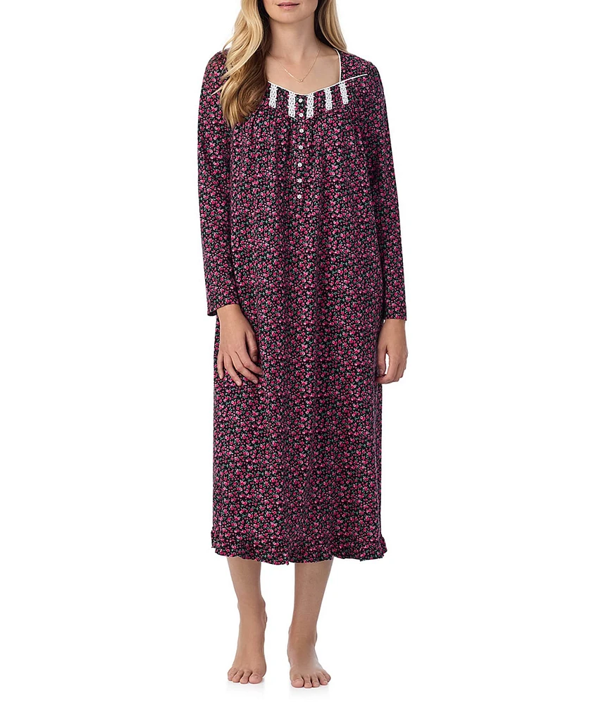 Eileen West Ditsy Floral Cotton Knit Long Sleeve Sweetheart Neck Long Nightgown