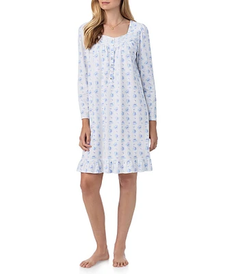 Eileen West Floral Bouquet Print Soft Cotton Knit Long Sleeve Sweetheart Neck Short Nightgown