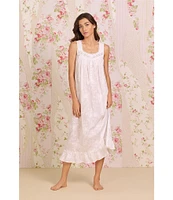 Eileen West Floral Embroidered Sleeveless Sweetheart Neck Woven Cotton Ballet Nightgown