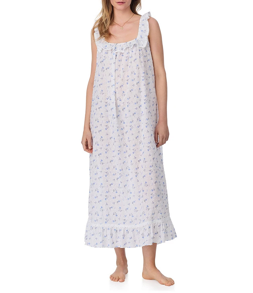 Eileen West Floral Print Sleeveless Square Neck Woven Swiss Dot Ballet Nightgown