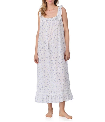 Eileen West Floral Print Sleeveless Square Neck Woven Swiss Dot Ballet Nightgown