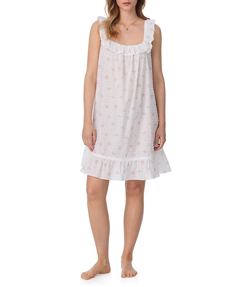 Eileen West Floral Print Sleeveless Square Neck Woven Swiss Dot Chemise