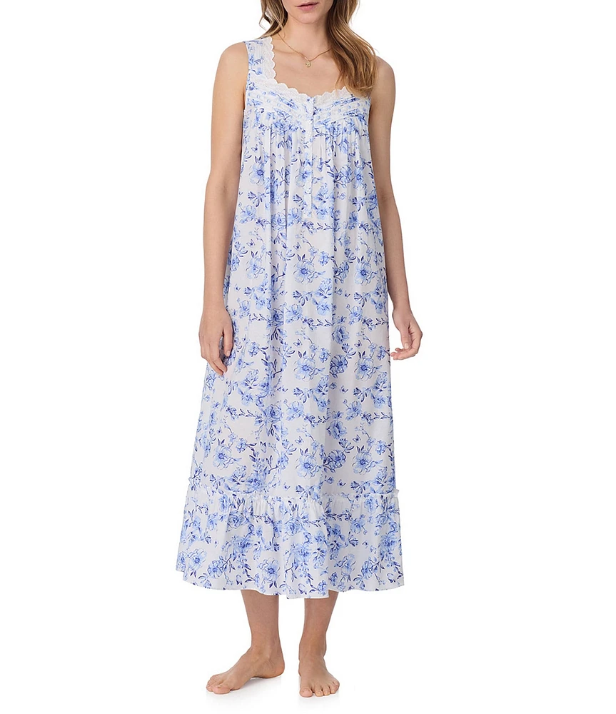 Eileen West Floral Print Sleeveless Sweetheart Neck Woven Cotton Ballet Nightgown