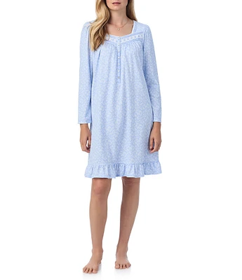 Eileen West Floral Print Soft Cotton Knit Long Sleeve Sweetheart Neck Short Nightgown