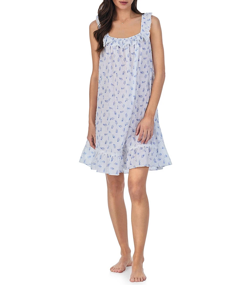 Eileen West Floral Print Swiss Dot Sleeveless Lace Ruffle Trim Square Neck Short Woven Chemise