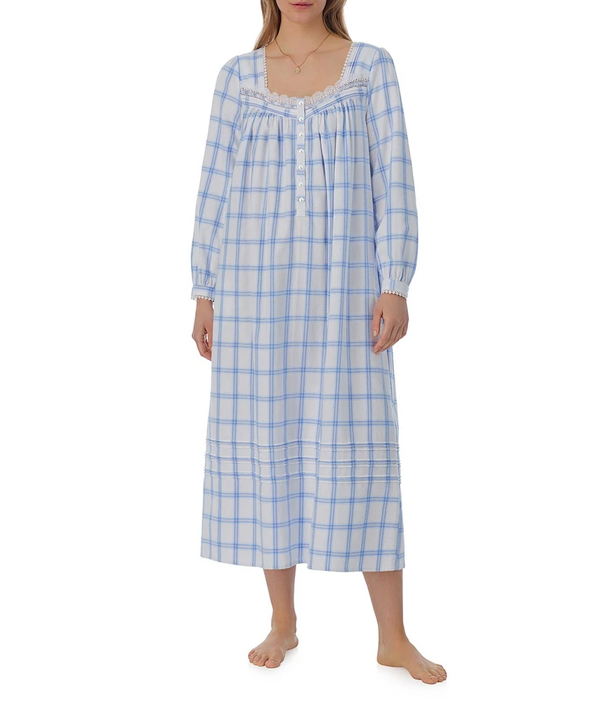 Eileen West Long Sleeve Sweetheart Neck Cotton Flannel Plaid Ballet Nightgown