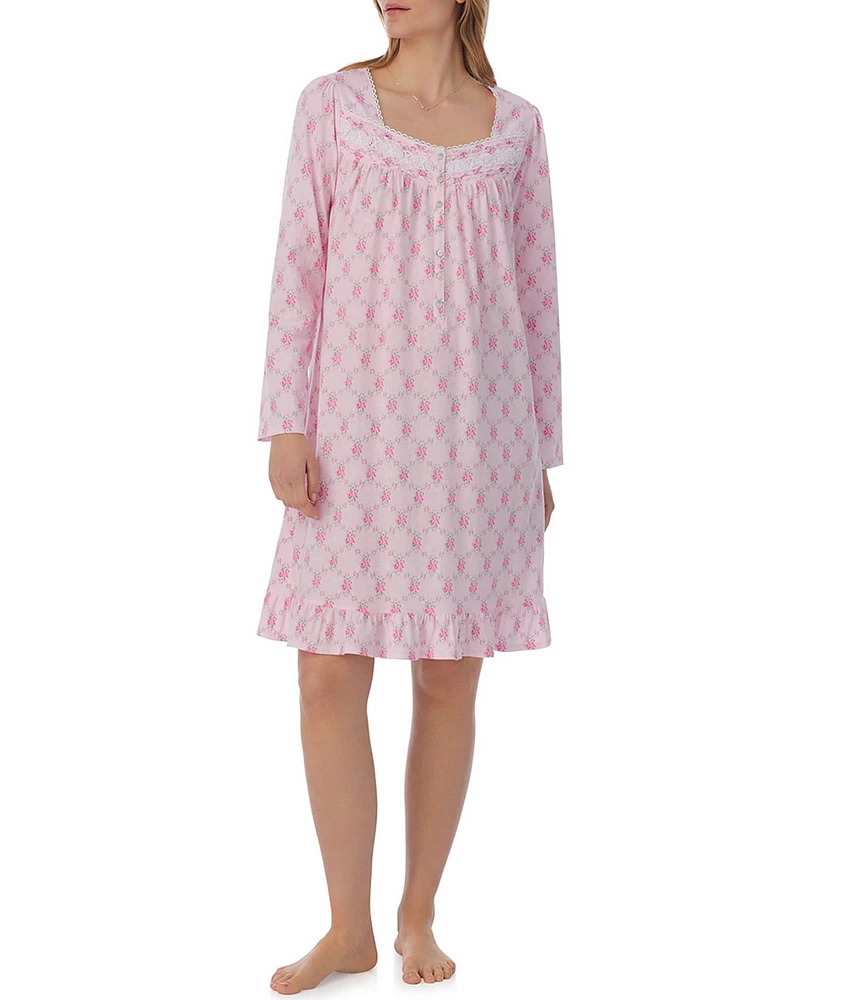 Eileen West Long Sleeve Sweetheart Neck Cotton Jersey Diamond Rose Short Nightgown