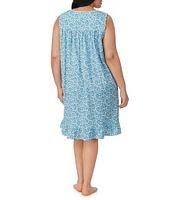 Eileen West Plus Size Aqua Floral Print Sleeveless Sweetheart Neck Jersey Knit Short Nightgown