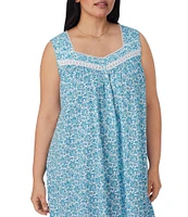 Eileen West Plus Size Aqua Floral Print Sleeveless Sweetheart Neck Jersey Knit Short Nightgown