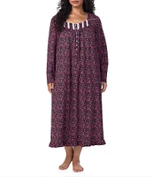 Eileen West Plus Size Ditsy Floral Cotton Knit Long Sleeve Sweetheart Neck Long Nightgown