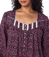 Eileen West Plus Size Ditsy Floral Cotton Knit Long Sleeve Sweetheart Neck Long Nightgown