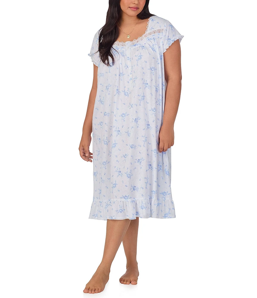 Eileen West Plus Size Floral Print Cap Sleeve Sweetheart Neck Jersey Knit Waltz Nightgown