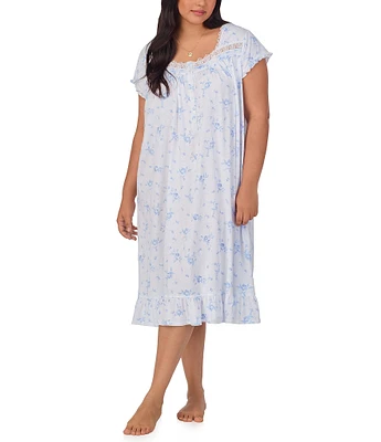 Eileen West Plus Size Floral Print Cap Sleeve Sweetheart Neck Jersey Knit Waltz Nightgown