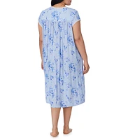 Eileen West Plus Size Floral Print Cap Sleeve Sweetheart Neck Jersey Knit Waltz Nightgown
