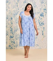 Eileen West Plus Size Floral Print Cap Sleeve Sweetheart Neck Jersey Knit Waltz Nightgown