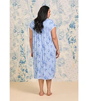 Eileen West Plus Size Floral Print Cap Sleeve Sweetheart Neck Jersey Knit Waltz Nightgown