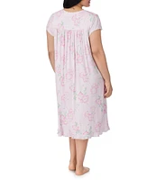 Eileen West Plus Size Floral Print Cap Sleeve Sweetheart Neck Knit Waltz Nightgown