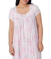 Eileen West Plus Size Floral Print Cap Sleeve Sweetheart Neck Knit Waltz Nightgown