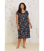 Eileen West Plus Size Floral Print Modal Jersey Sweetheart Neck Ruffle Cap Sleeve Waltz Nightgown