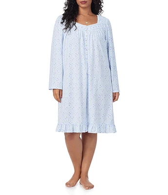 Eileen West Plus Size Floral Print Soft Cotton Jersey Knit Long Sleeve Sweetheart Neckline Nightgown