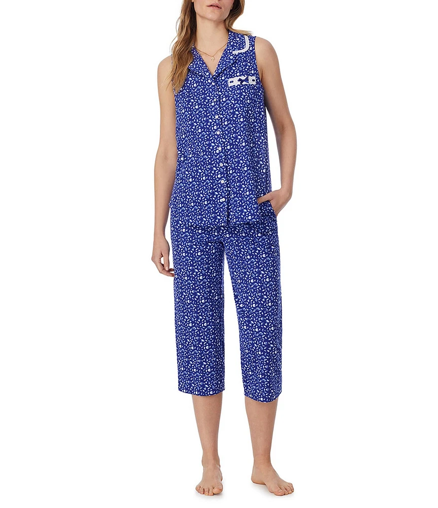 Eileen West Shell Print Sleeveless Notch Collar Jersey Knit Capri Pajama Set