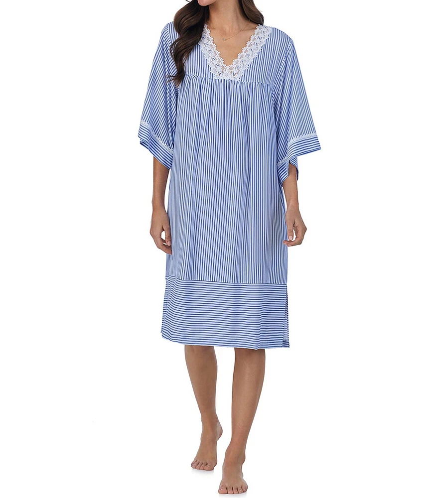 Eileen West Striped V Neckline Short Sleeve Woven Caftan