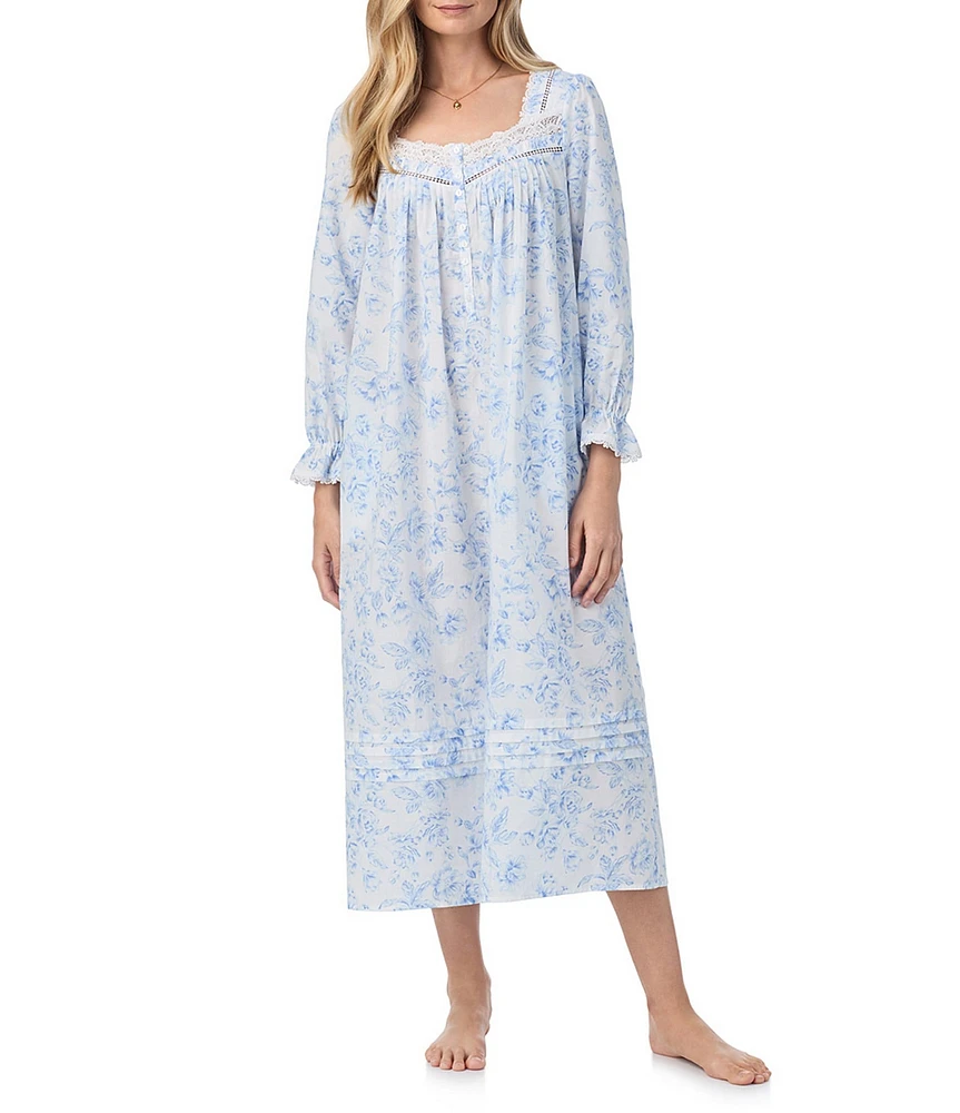 Eileen West Woven Floral Long Sleeve Sweetheart Neck Long Ballet Nightgown