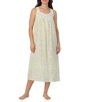 Eileen West Woven Lemon Print Sleeveless Sweetheart Neck Partial Button-Front Ballet Nightgown