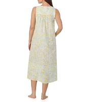 Eileen West Woven Lemon Print Sleeveless Sweetheart Neck Partial Button-Front Ballet Nightgown