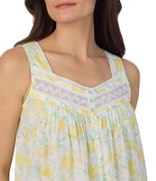 Eileen West Woven Lemon Print Sleeveless Sweetheart Neck Partial Button-Front Ballet Nightgown
