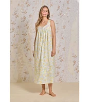 Eileen West Woven Lemon Print Sleeveless Sweetheart Neck Partial Button-Front Ballet Nightgown