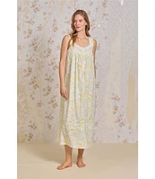 Eileen West Woven Lemon Print Sleeveless Sweetheart Neck Partial Button-Front Ballet Nightgown