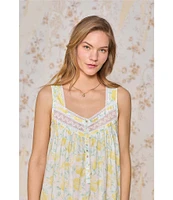 Eileen West Woven Lemon Print Sleeveless Sweetheart Neck Partial Button-Front Ballet Nightgown