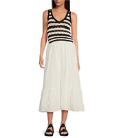 ELAN 2-Piece Mixed Media V-Neck Sleeveless A-line Midi Dress
