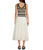 ELAN 2-Piece Mixed Media V-Neck Sleeveless A-line Midi Dress