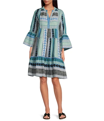 ELAN Arrow Geo Print Split V-Neck 3/4 Bell Sleeve Babydoll Dress