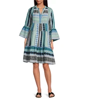 ELAN Arrow Geo Print Split V-Neck 3/4 Bell Sleeve Babydoll Dress