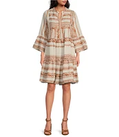 ELAN Arrow Print Split V-Neck 3/4 Bell Sleeve Babydoll Dress